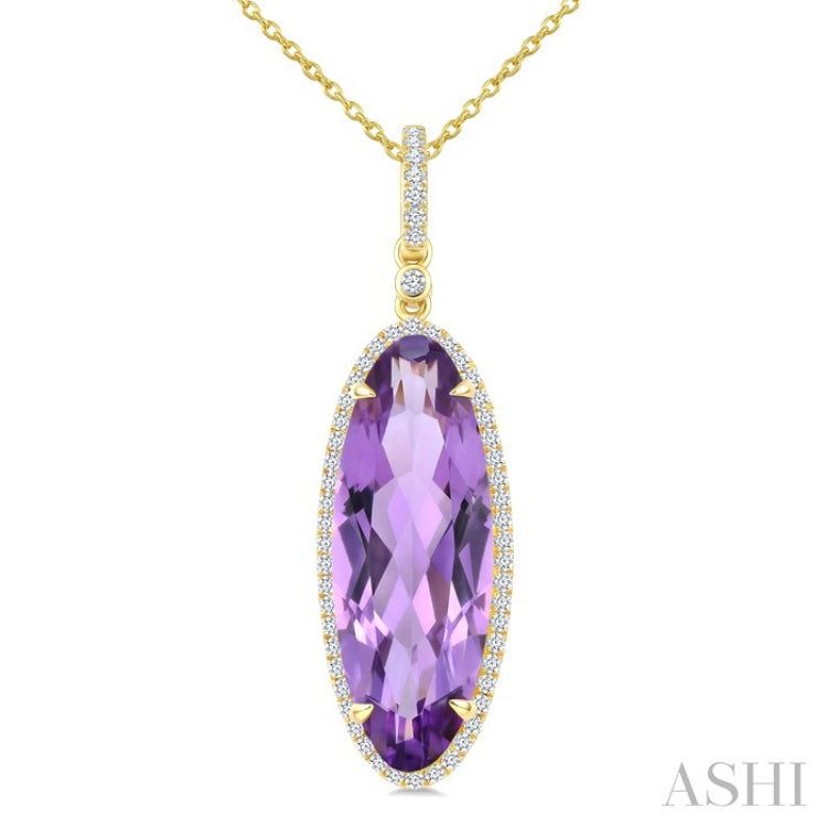 22X8 MM Evoque Gemstones Oval Shape Amethyst and 1/4 Ctw Round Cut Diamond Semi-Precious Pendant With Chain in 14K Yellow Gold