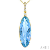 22X8 MM Evoque Gemstones Oval Shape Blue Topaz and 1/20 Ctw Round Cut Diamond Semi-Precious Pendant With Chain in 14K Yellow Gold