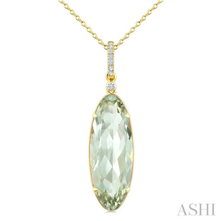 22X8 MM Evoque Gemstone Oval Shape Green Amethyst and 1/20 Ctw Round Cut Diamond Semi-Precious Pendant With Chain in 14K Yellow Gold