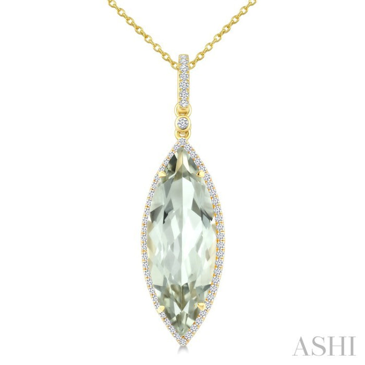 22X8 MM Evoque Gemstone Marquise Shape Green Amethyst and 1/4 Ctw Round Cut Diamond Semi-Precious Pendant With Chain in 14K Yellow Gold
