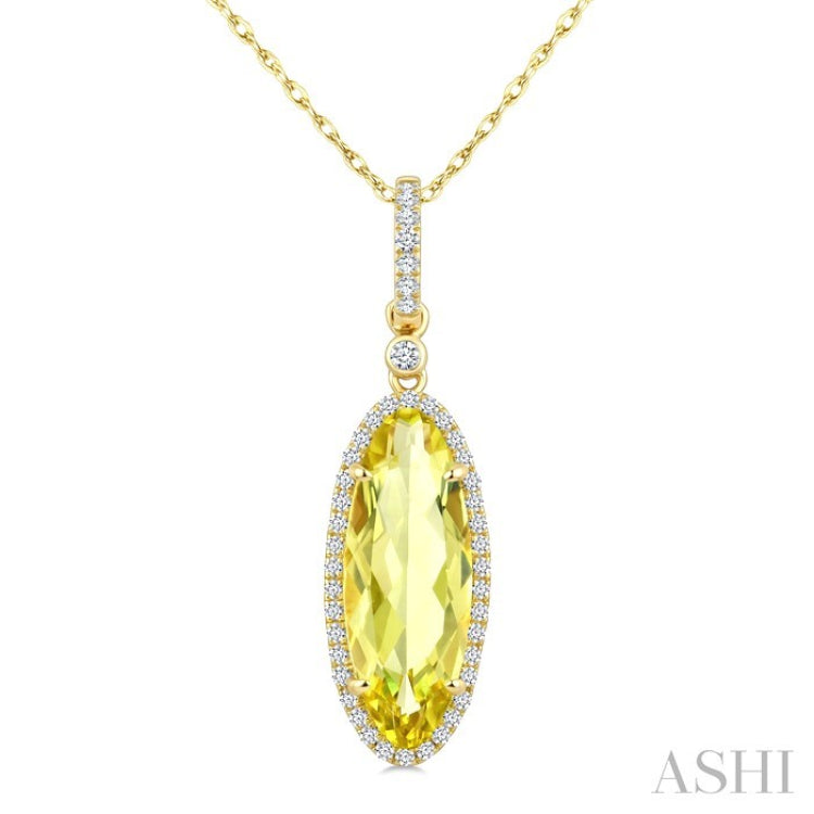 16X6 MM Evoque Gemstones Oval Shape Lemon Quartz and 1/5 Ctw Round Cut Diamond Semi-Precious Pendant With Chain in 10K Yellow Gold