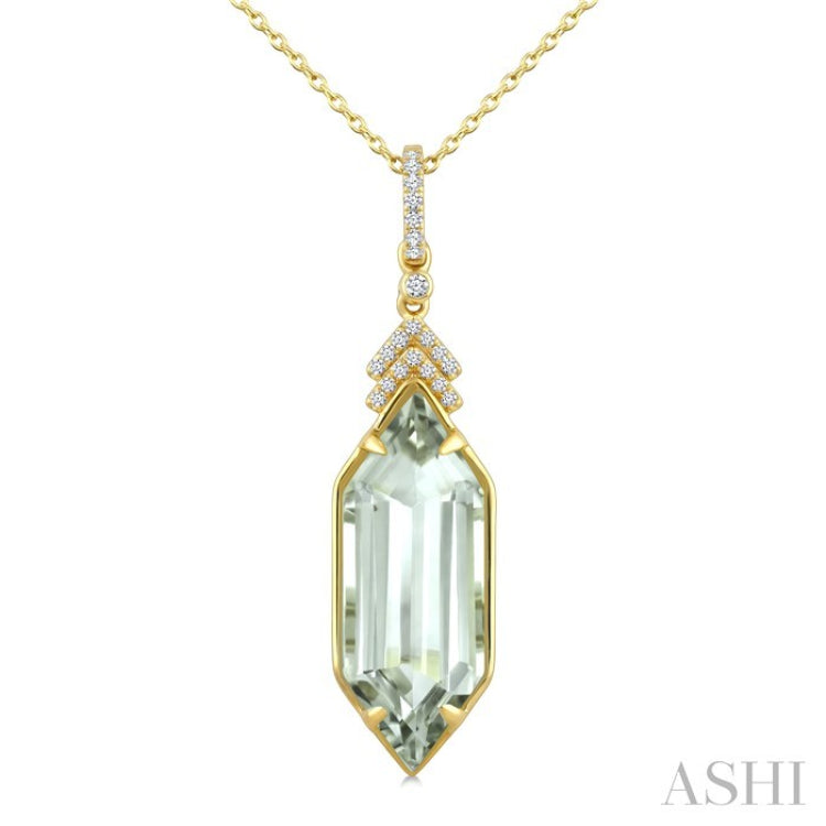 22X8 MM Evoque Gemstone Hexagon Shape Green Amethyst and 1/10 Ctw Round Cut Diamond Semi-Precious Pendant With Chain in 14K Yellow Gold