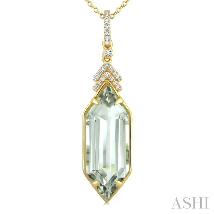 22X8 MM Evoque Gemstone Hexagon Shape Green Amethyst and 1/10 Ctw Round Cut Diamond Semi-Precious Pendant With Chain in 14K Yellow Gold