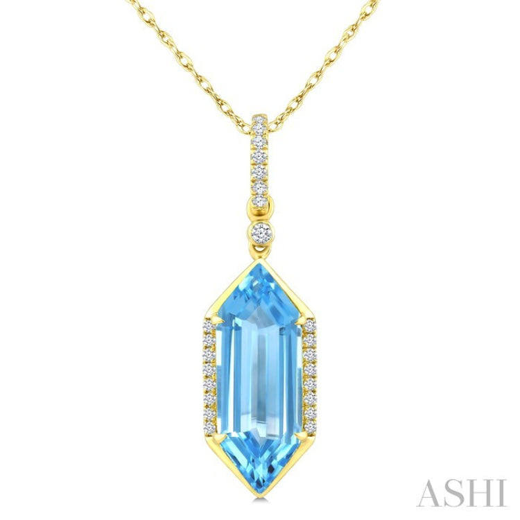 16X6 MM Evoque Gemstones Hexagon Shape Blue Topaz and 1/10 Ctw Round Cut Diamond Semi-Precious Pendant With Chain in 10K Yellow Gold