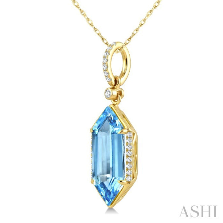 16X6 MM Evoque Gemstones Hexagon Shape Blue Topaz and 1/10 Ctw Round Cut Diamond Semi-Precious Pendant With Chain in 10K Yellow Gold