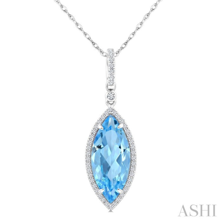 16X7 MM Evoque Gemstones Marquise Shape Blue Topaz and 1/5 Ctw Round Cut Diamond Semi-Precious Pendant With Chain in 10K White Gold