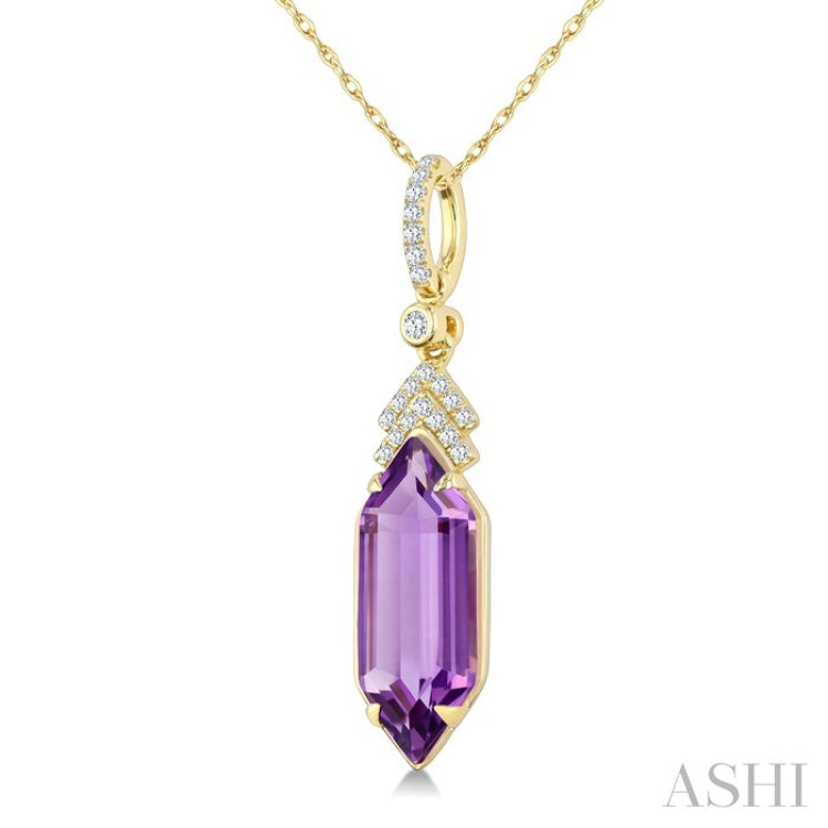 16X6 MM Evoque Gemstones Hexagon Shape Amethyst and 1/10 Ctw Round Cut Diamond Semi-Precious Pendant With Chain in 10K Yellow Gold