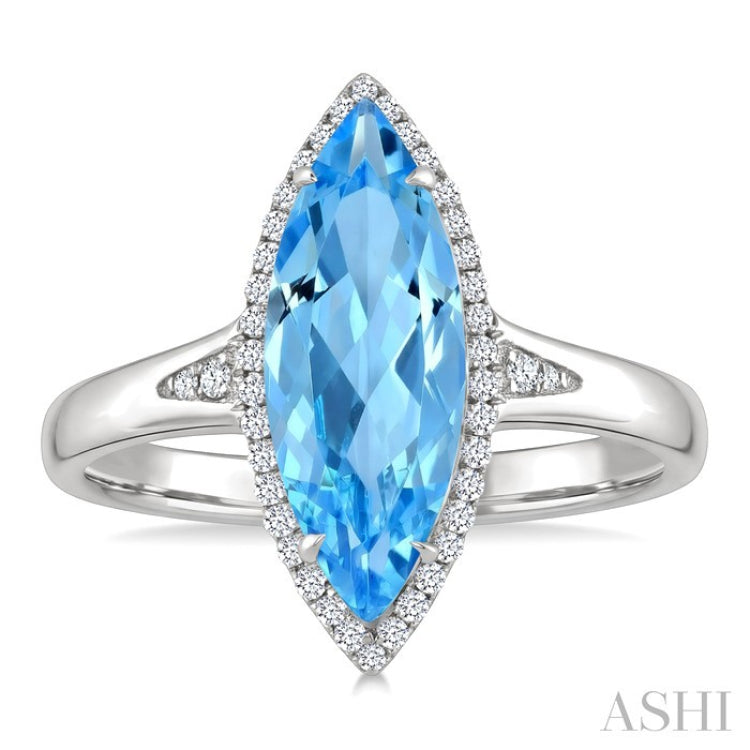 16X7 MM Evoque Gemstones Marquise Shape Blue Topaz and 1/6 Ctw Round Cut Diamond Semi-Precious Ring in 10K White Gold