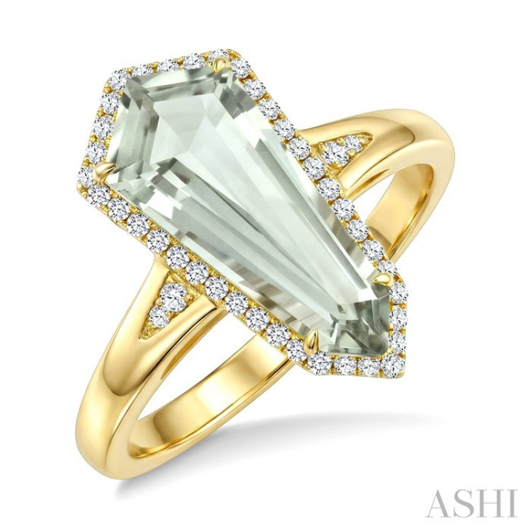 16X7 MM Evoque Gemstone Shield Shape Green Amethyst and 1/6 Ctw Round Cut Diamond Semi-Precious Ring in 10K Yellow Gold