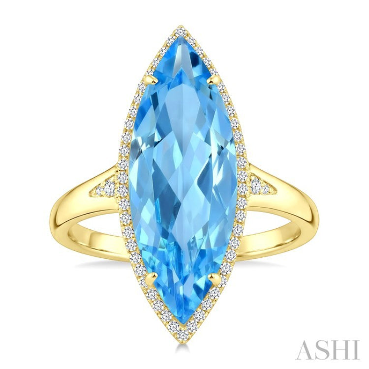 22X8 MM Evoque Gemstones Marquise Shape Blue Topaz and 1/5 Ctw Round Cut Diamond Semi-Precious Ring in 14K Yellow Gold