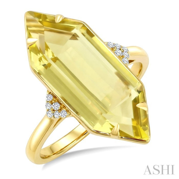 22X8 MM Evoque Gemstones Hexagon Shape Lemon Quartz and 1/20 Ctw Round Cut Diamond Semi-Precious Ring in 14K Yellow Gold