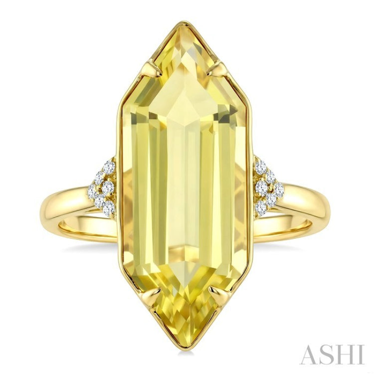22X8 MM Evoque Gemstones Hexagon Shape Lemon Quartz and 1/20 Ctw Round Cut Diamond Semi-Precious Ring in 14K Yellow Gold