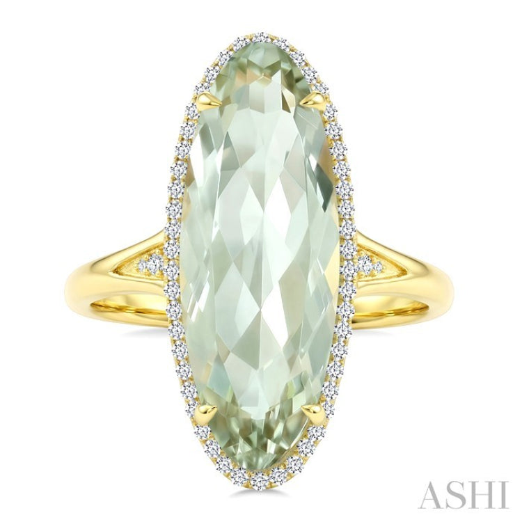 22X8 MM Evoque Gemstone Oval Shape Green Amethyst and 1/5 Ctw Round Cut Diamond Semi-Precious Ring in 14K Yellow Gold