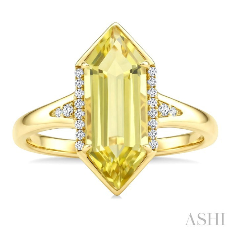 16X6 MM Evoque Gemstones Hexagon Shape Lemon Quartz and 1/10 Ctw Round Cut Diamond Semi-Precious Ring in 10K Yellow Gold
