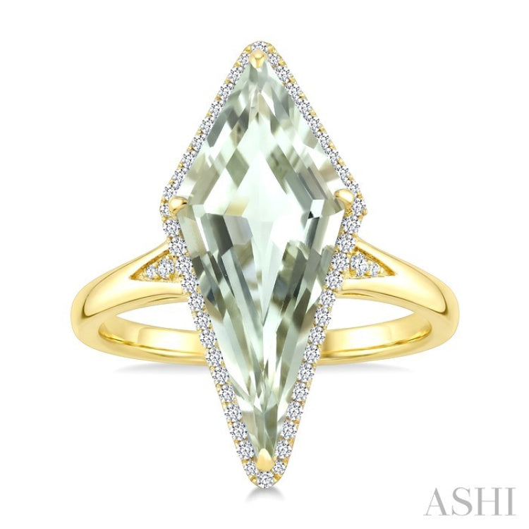 22X9 MM Evoque Gemstone Kite Shape Green Amethyst and 1/5 Ctw Round Cut Diamond Semi-Precious Ring in 14K Yellow Gold