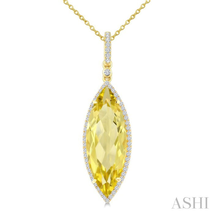 22X8 MM Evoque Gemstones Marquise Shape Lemon Quartz and 1/4 Ctw Round Cut Diamond Semi-Precious Pendant With Chain in 14K Yellow Gold