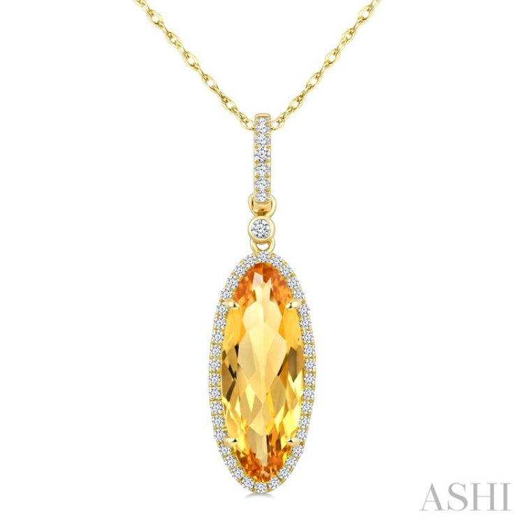 16X6 MM Evoque Gemstone Oval Shape Citrine and 1/5 Ctw Round Cut Diamond Semi-Precious Pendant With Chain in 10K Yellow Gold
