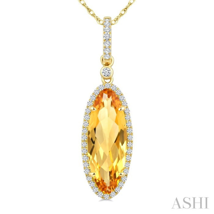 16X6 MM Evoque Gemstone Oval Shape Citrine and 1/5 Ctw Round Cut Diamond Semi-Precious Pendant With Chain in 10K Yellow Gold