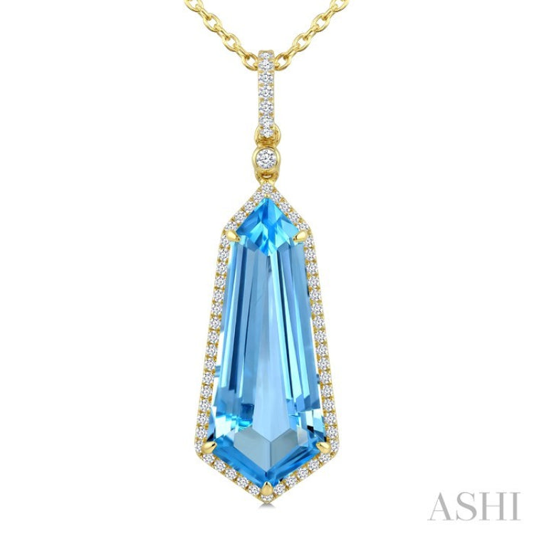 22X9 MM Evoque Gemstones Shield Shape Blue Topaz and 1/4 Ctw Round Cut Diamond Semi-Precious Pendant With Chain in 14K Yellow Gold