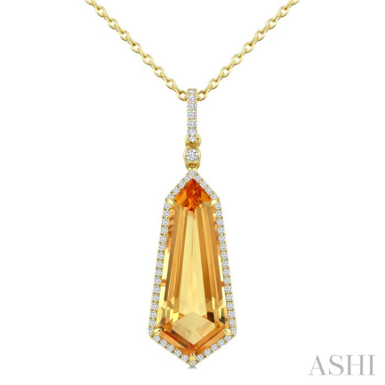 22X9 MM Evoque Gemstone Shield Shape Citrine and 1/4 Ctw Round Cut Diamond Semi-Precious Pendant With Chain in 14K Yellow Gold