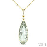 22X8 MM Evoque Gemstone Pear Shape Green Amethyst and 1/20 Ctw Round Cut Diamond Semi-Precious Pendant With Chain in 14K Yellow Gold