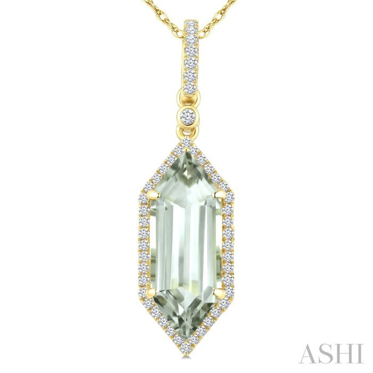16X6 MM Evoque Gemstone Hexagon Shape Green Amethyst and 1/5 Ctw Round Cut Diamond Semi-Precious Pendant With Chain in 10K Yellow Gold