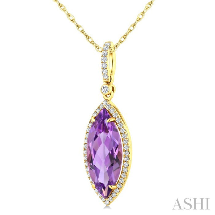 16X7 MM Evoque Gemstones Marquise Shape Amethyst and 1/5 Ctw Round Cut Diamond Semi-Precious Pendant With Chain in 10K Yellow Gold