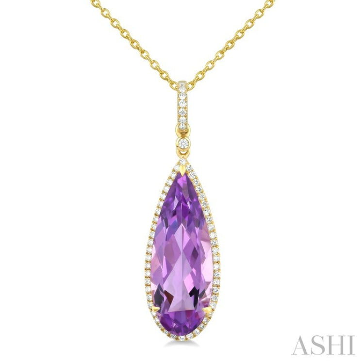 22X8 MM Evoque Gemstones Pear Shape Amethyst and 1/4 Ctw Round Cut Diamond Semi-Precious Pendant With Chain in 14K Yellow Gold