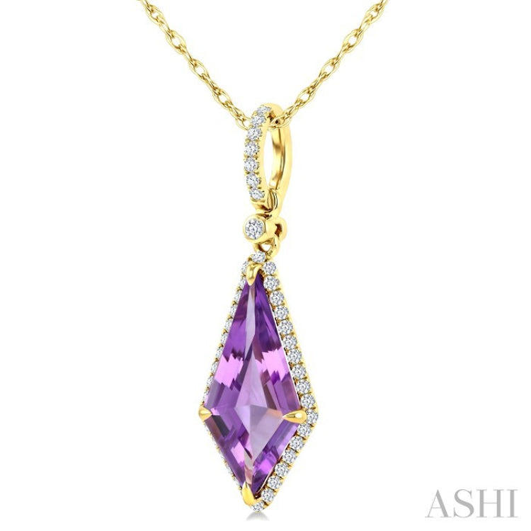 16X7 MM Evoque Gemstones Kite Shape Amethyst and 1/5 Ctw Round Cut Diamond Semi-Precious Pendant With Chain in 10K Yellow Gold