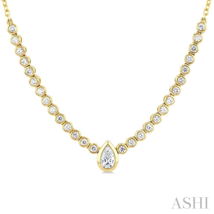 1/2 Ctw Luna Bezel Halfway Bezel Set Pear and Round Cut Diamond Necklace in 14K Yellow Gold