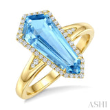 16X7 MM Evoque Gemstones Shield Shape Blue Topaz and 1/6 Ctw Round Cut Diamond Semi-Precious Ring in 10K Yellow Gold