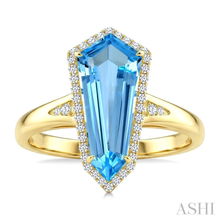 16X7 MM Evoque Gemstones Shield Shape Blue Topaz and 1/6 Ctw Round Cut Diamond Semi-Precious Ring in 10K Yellow Gold
