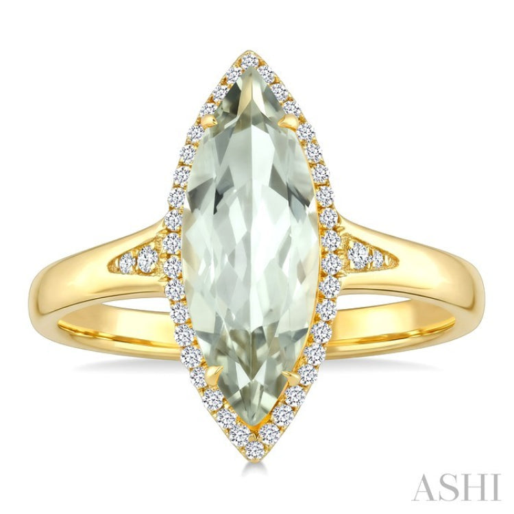 16X7 MM Evoque Gemstone Marquise Shape Green Amethyst and 1/6 Ctw Round Cut Diamond Semi-Precious Ring in 10K Yellow Gold