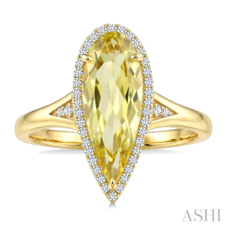 16X6 MM Evoque Gemstones Pear Shape Lemon Quartz and 1/6 Ctw Round Cut Diamond Semi-Precious Ring in 10K Yellow Gold