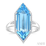 22X8 MM Evoque Gemstones Hexagon Shape Blue Topaz and 1/4 Ctw Round Cut Diamond Semi-Precious Ring in 14K White Gold