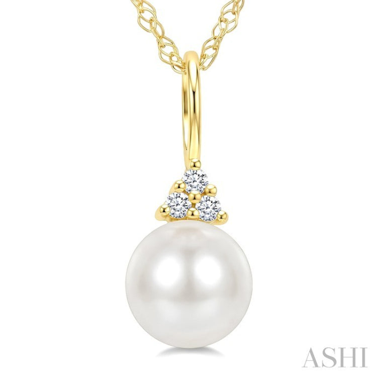 6 MM Cultured White Pearl and 1/50 Ctw Round Cut Diamond Fashion Pendant With Chain in 10K Yellow Gold
