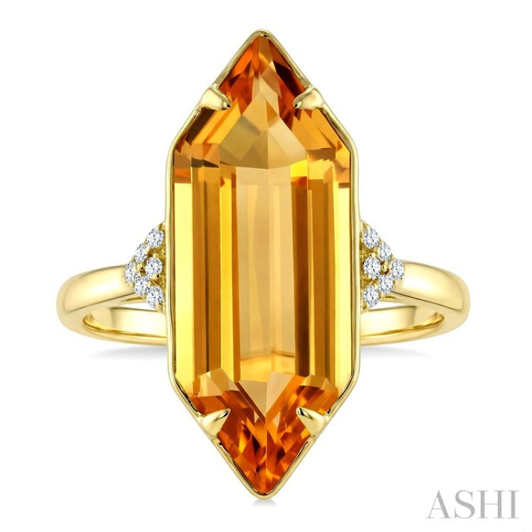 22X8 MM Evoque Gemstone Hexagon Shape Citrine and 1/20 Ctw Round Cut Diamond Semi-Precious Ring in 14K Yellow Gold