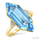 22X8 MM Evoque Gemstones Hexagon Shape Blue Topaz and 1/20 Ctw Round Cut Diamond Semi-Precious Ring in 14K Yellow Gold