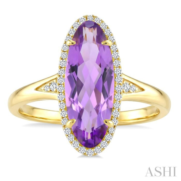 16X6 MM Evoque Gemstones Oval Shape Amethyst and 1/6 Ctw Round Cut Diamond Semi-Precious Ring in 10K Yellow Gold