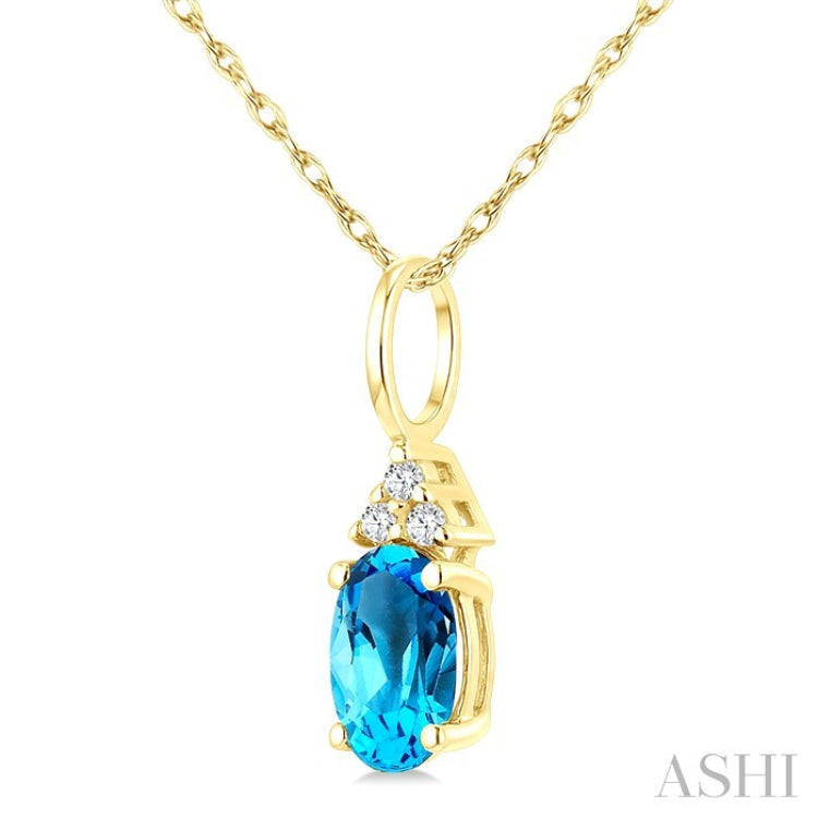 1/50 Ctw Oval Cut 6X4 MM Blue Topaz and Round Cut Diamond semi-precious Pendant With Chain in 10K Yellow Gold