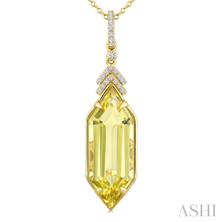 22X8 MM Evoque Gemstones Hexagon Shape Lemon Quartz and 1/10 Ctw Round Cut Diamond Semi-Precious Pendant With Chain in 14K Yellow Gold