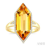 22X8 MM Evoque Gemstone Hexagon Shape Citrine and 1/4 Ctw Round Cut Diamond Semi-Precious Ring in 14K Yellow Gold