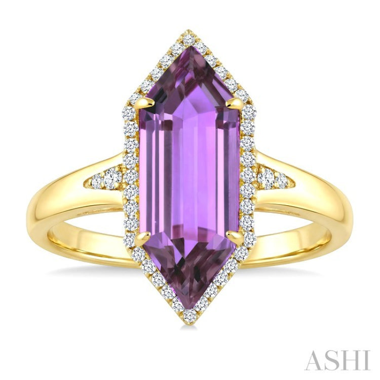 16X6 MM Evoque Gemstones Hexagon Shape Amethyst and 1/5 Ctw Round Cut Diamond Semi-Precious Ring in 10K Yellow Gold