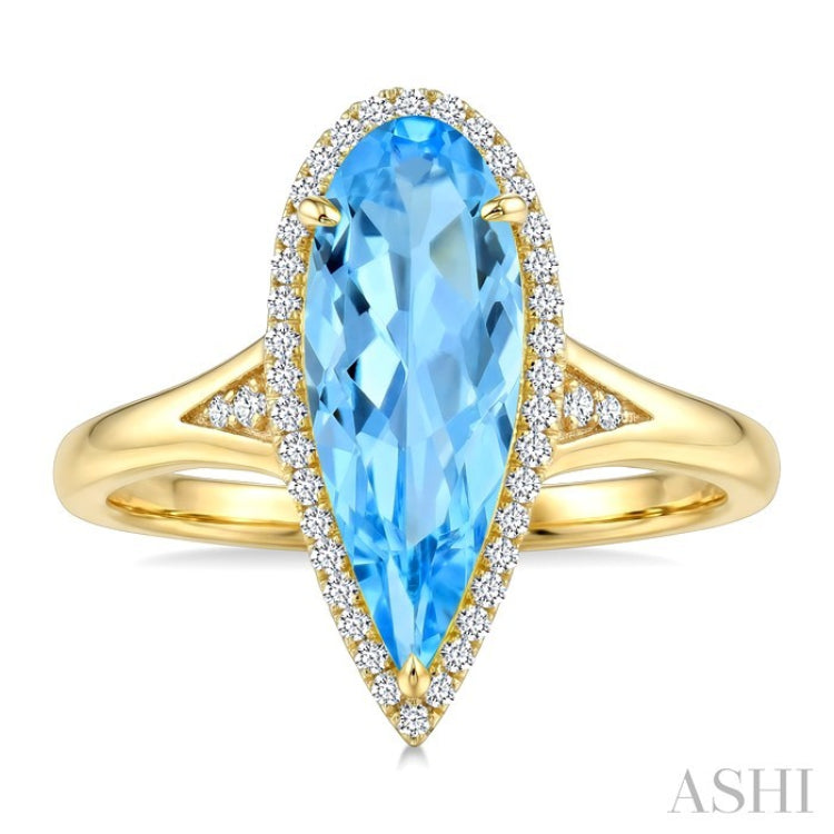 16X6 MM Evoque Gemstones Pear Shape Blue Topaz and 1/6 Ctw Round Cut Diamond Semi-Precious Ring in 10K Yellow Gold
