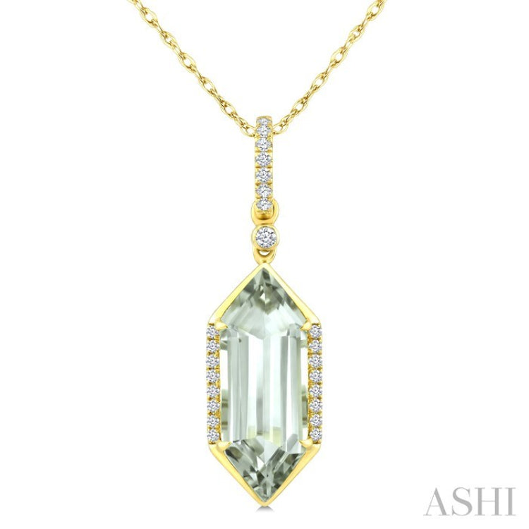 16X6 MM Evoque Gemstone Hexagon Shape Green Amethyst and 1/10 Ctw Round Cut Diamond Semi-Precious Pendant With Chain in 10K Yellow Gold