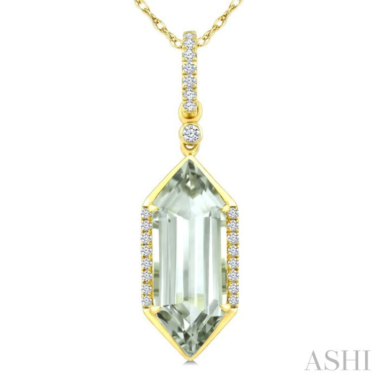 16X6 MM Evoque Gemstone Hexagon Shape Green Amethyst and 1/10 Ctw Round Cut Diamond Semi-Precious Pendant With Chain in 10K Yellow Gold