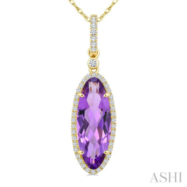 16X6 MM Evoque Gemstones Oval Shape Amethyst and 1/5 Ctw Round Cut Diamond Semi-Precious Pendant With Chain in 10K Yellow Gold