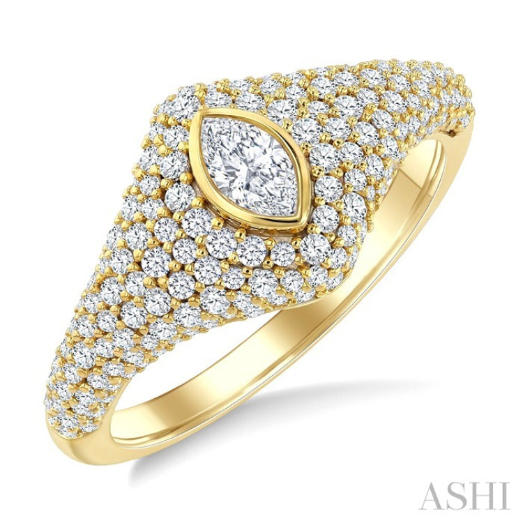 1 Ctw Pave Set Marquise Shape and Round Cut Diamond Fashion Signet Ring in 14K Yellow Gold