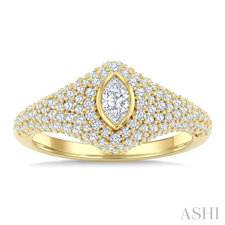 1 Ctw Pave Set Marquise Shape and Round Cut Diamond Fashion Signet Ring in 14K Yellow Gold