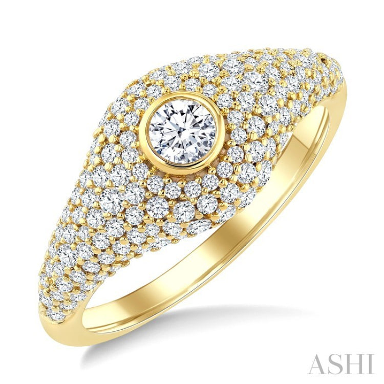 1 1/10 Ctw Pave Set Round Shape and Round Cut Diamond Fashion Signet Ring in 14K Yellow Gold